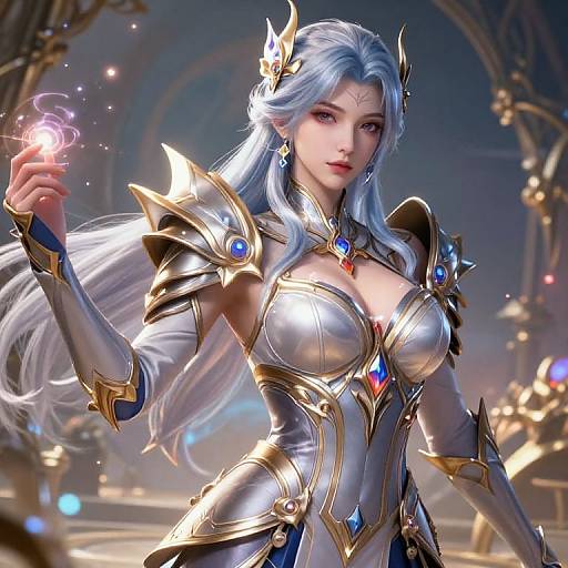 Digital CGI of an ethereal, silver-haired female warrior with glowing blue eyes, holding a magical orb. She wears ornate, golden armor adorned with