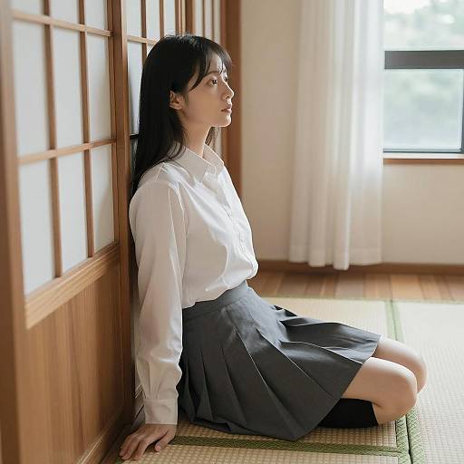 Asian Woman Kneeling on Tatami Mat