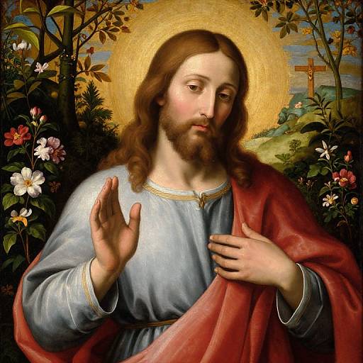 Digital painting of Jesus with a golden halo, brown hair, beard, blue robe, red cloak, hand raised in blessing, surrounded by vibrant flowers and