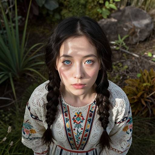 Photograph of a young woman with fair skin, blue eyes, and braided black hair, wearing a detailed, white embroidered dress, standing in a