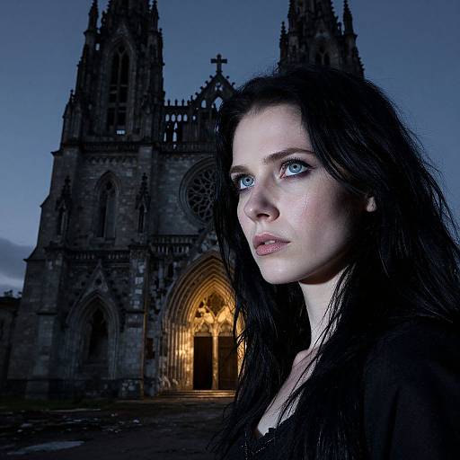 Photograph of a pale, blue-eyed woman with long black hair and dark makeup, standing in front of a gothic cathedral at dusk, illuminated by