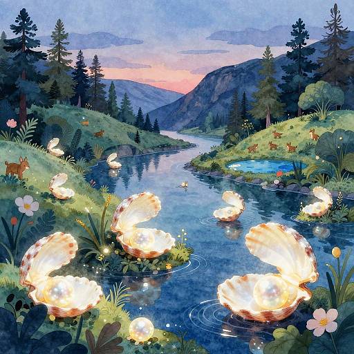 Digital painting of a serene mountain valley at sunset, featuring a glowing, mystical river with floating orbs and whimsical forest creatures.