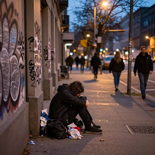 Photograph of a homeless person with curly hair, wearing a black jacket, sitting on a graffiti-covered urban sidewalk at dusk, surrounded by illuminated streetlights