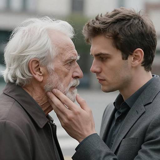 Intense Close-Up of Elderly and Young Man