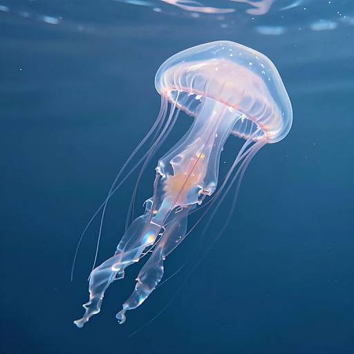 Photograph of a glowing, translucent jellyfish with long, flowing tentacles against a deep blue underwater background, illuminated from within.