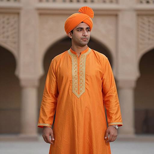 Photograph of a South Asian man in an orange traditional Punjabi kurta and matching turban, standing in front of a beige archway.