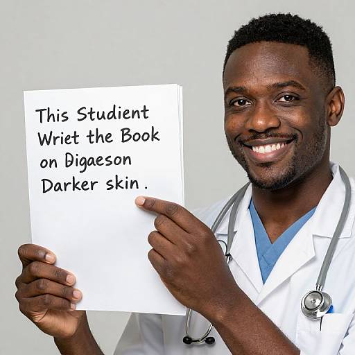 Photograph of smiling African-American male doctor with dark skin, short black hair, wearing white lab coat and stethoscope, holding white paper with black