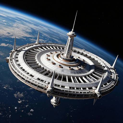 Photograph of a futuristic space station orbiting Earth, featuring a central tower with four antennas, surrounded by a circular, white, metallic structure, against