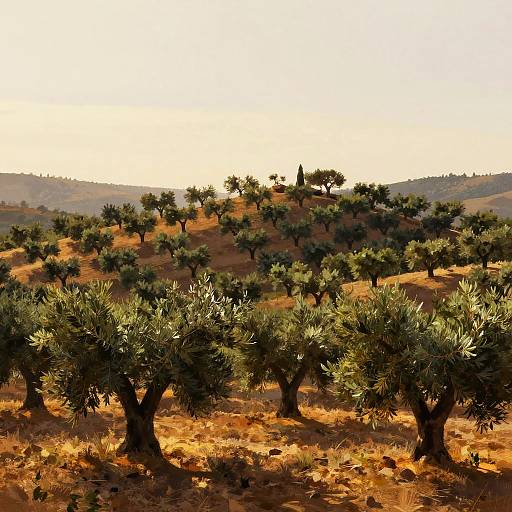 Photograph of a sunlit olive grove with rows of dark green olive trees on a golden, dry hillside under a bright white sky.