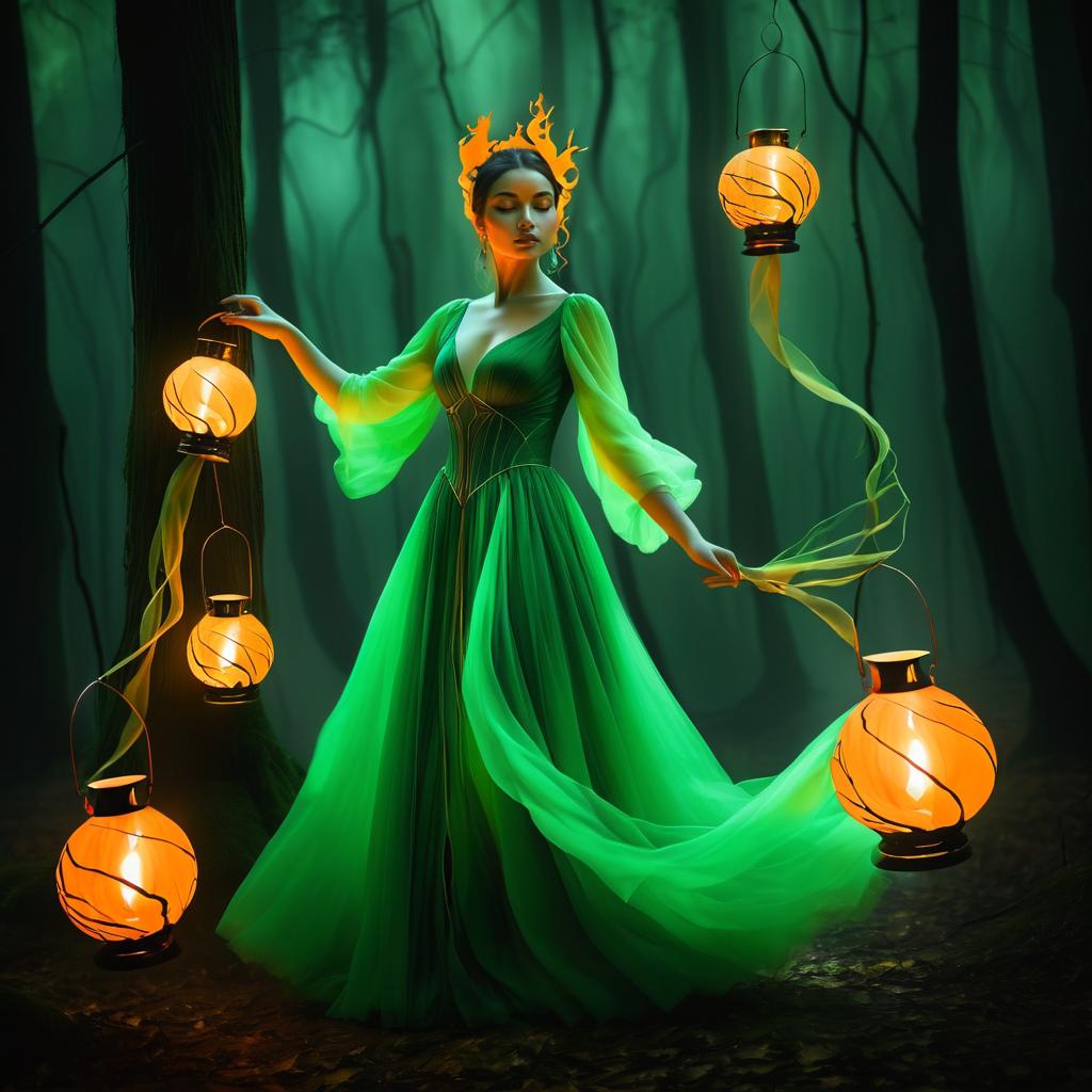 Mystical Woman in Dark Forest with Lantern