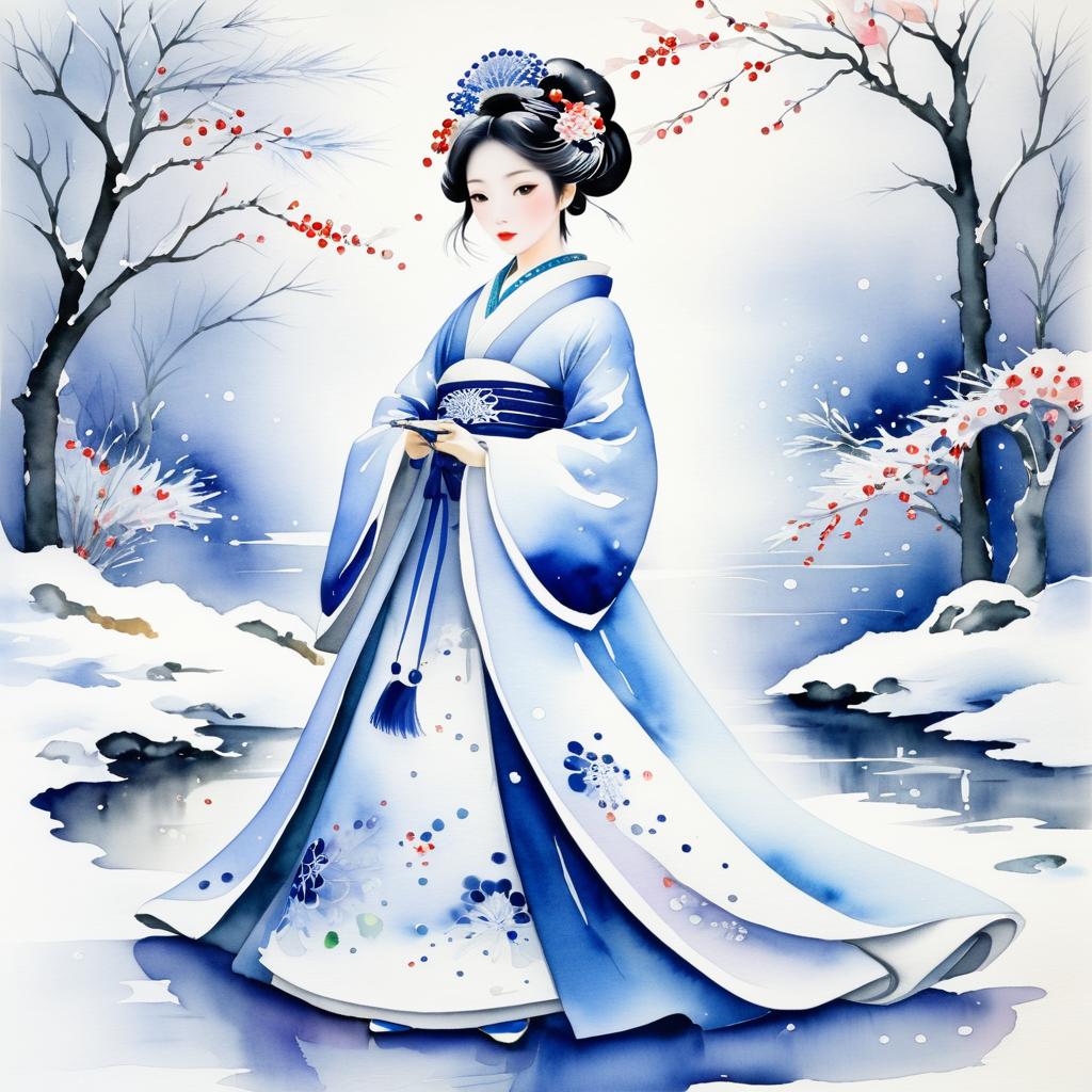 Elegant Snow Princess in Japanese Watercolor