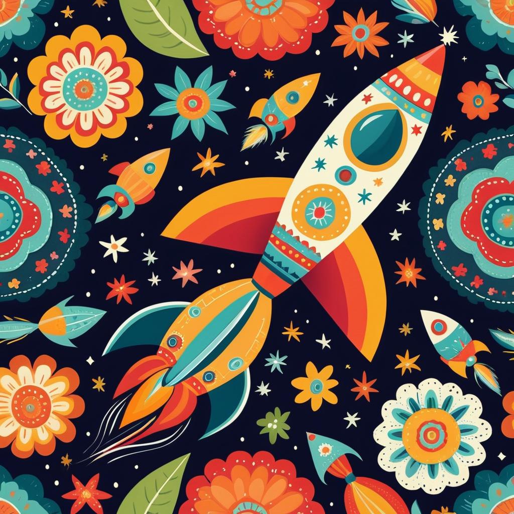 Colorful Whimsical Folk Art Rocket