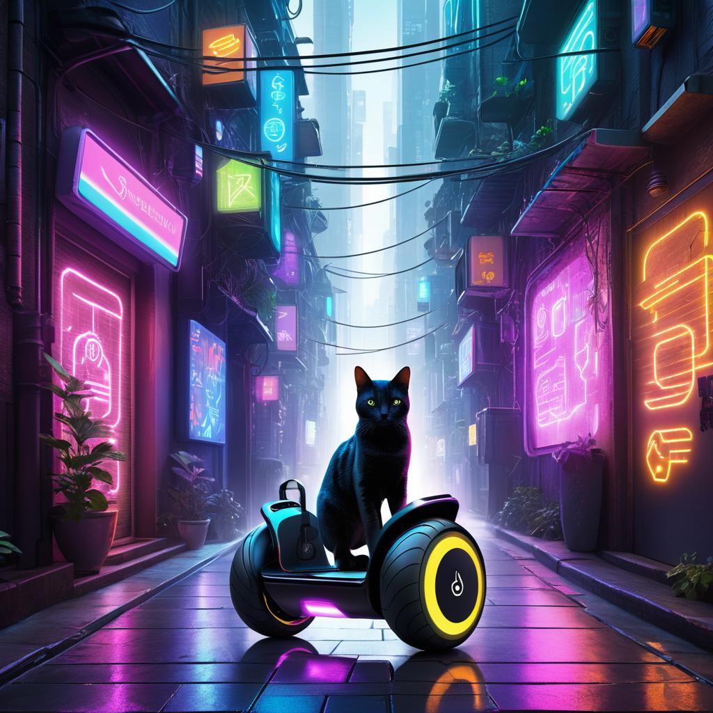 Futuristic Cat Segway in Neon Alley