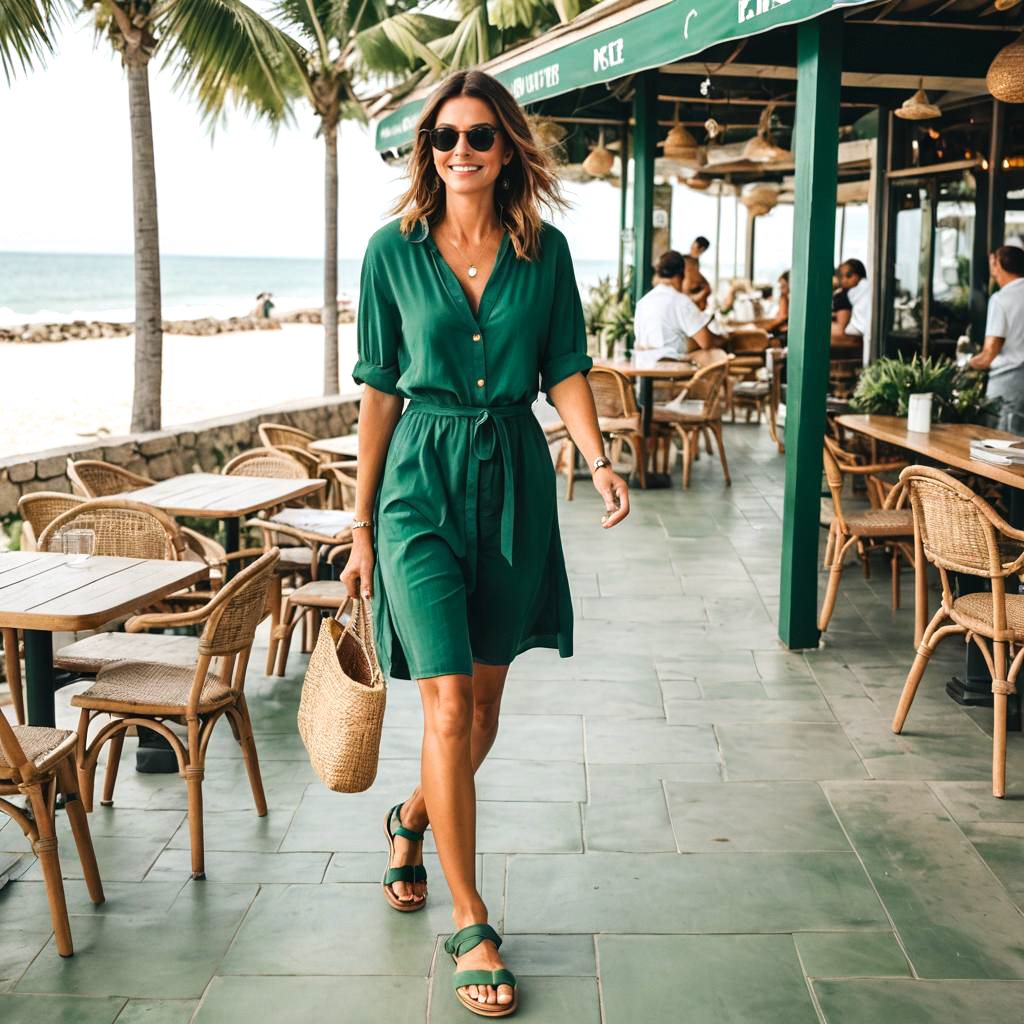 Woman in Green Sandals at Beach Café