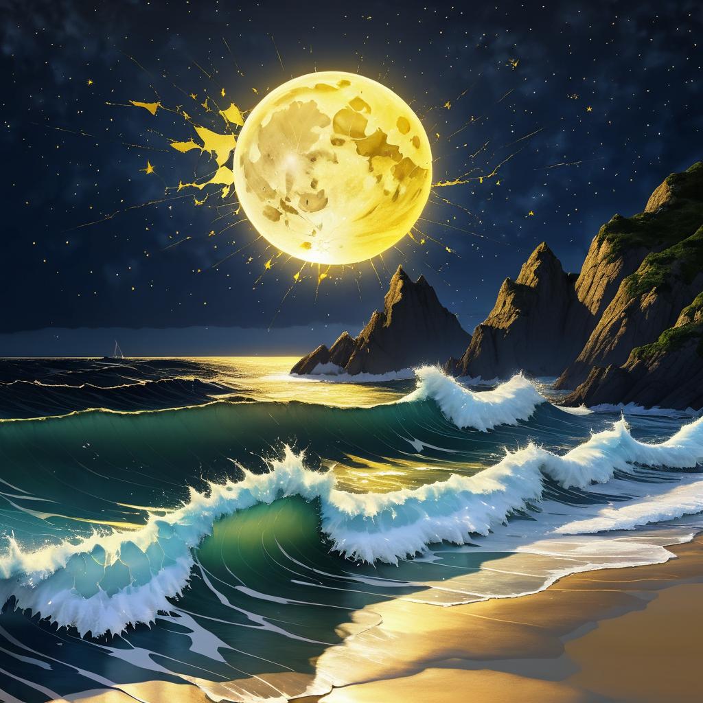 Starry Mountain and Stormy Ocean Scene