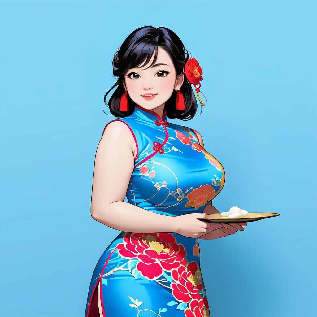 Cheerful Waitress in Colorful Cheongsam