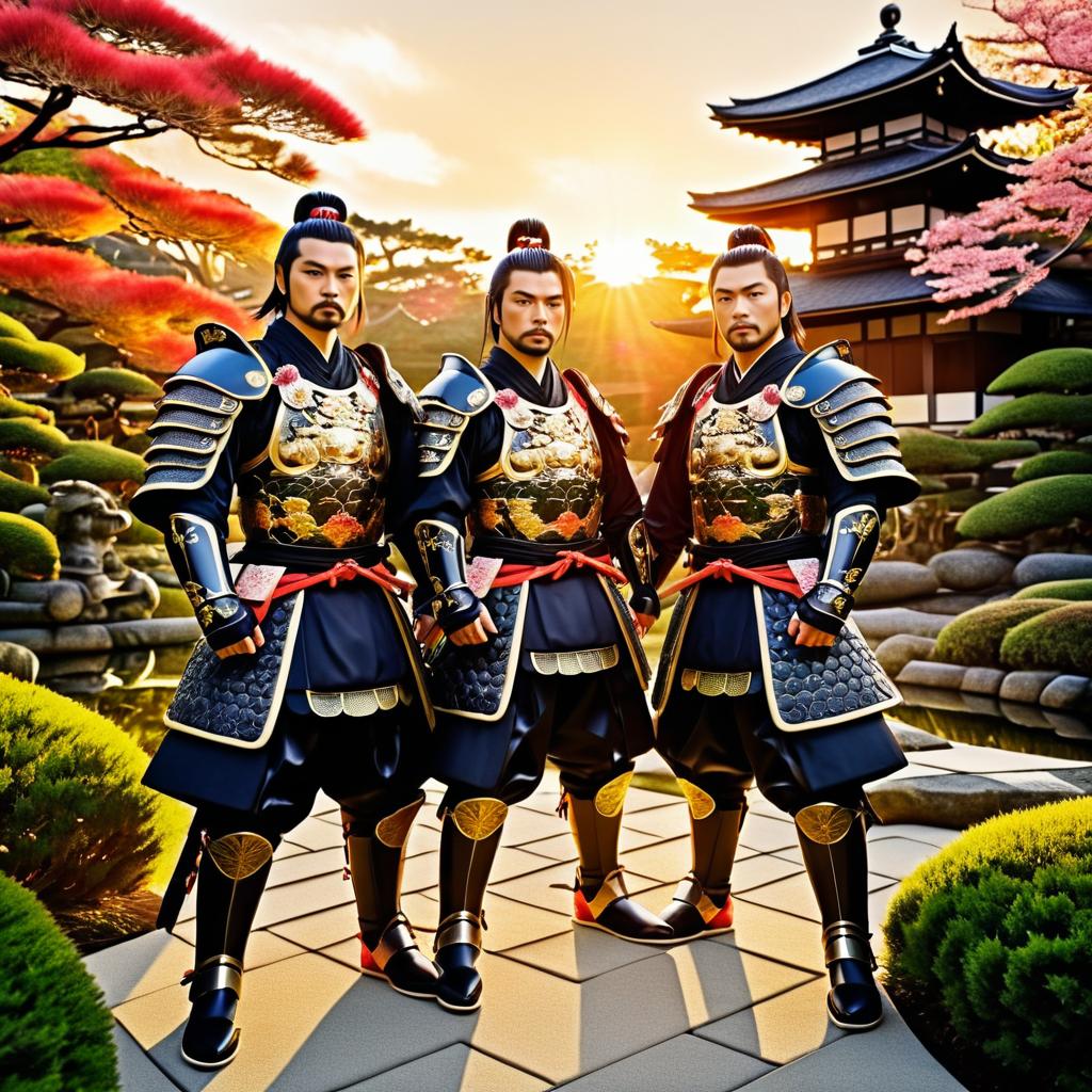 Fierce Samurai Warriors in Japanese Garden