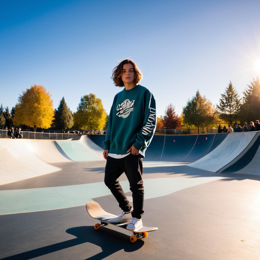 Trendy Skateboarder in Bustling Park