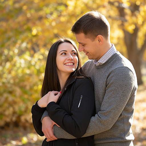 Photograph of a smiling couple in autumn, with the man in a gray sweater hugging the woman in a black jacket, golden leaves blurred in the