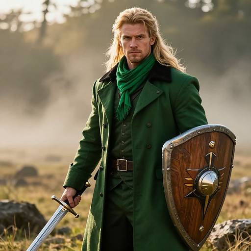 Determined Blonde Warrior in Rugged Landscape