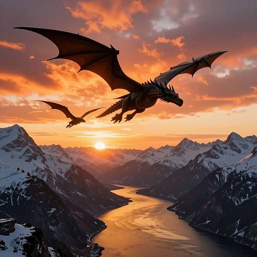 Dragons Soaring Over Fiery Sunset Mountains