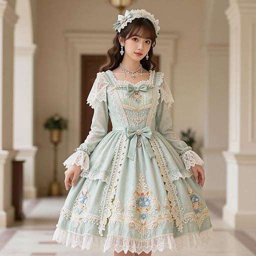 Photograph of an Asian woman in a pastel blue, Victorian-style dress with white lace and floral embroidery, standing in a sunlit, elegant hall
