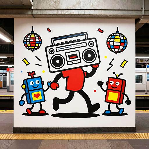 Vibrant, cartoon-style mural of three retro-styled, colorful robots with globe heads, one red, one blue, one red, dancing on