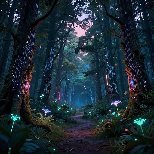Cybernetic Forest with Bioluminescent Glow