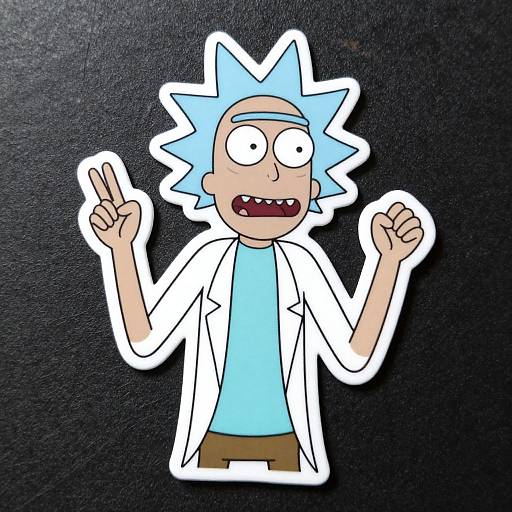 Cartoon sticker of a blue-haired, wide-eyed scientist with sharp teeth, wearing a white lab coat and brown pants, making a peace sign with his