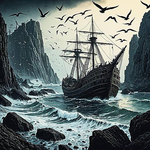 Vintage Engraved Shipwreck Scene