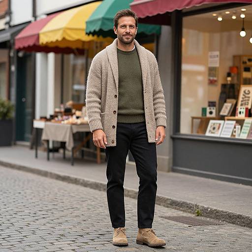 Photograph of a bearded man with short brown hair, wearing a beige knitted cardigan, green sweater, black pants, and tan boots,