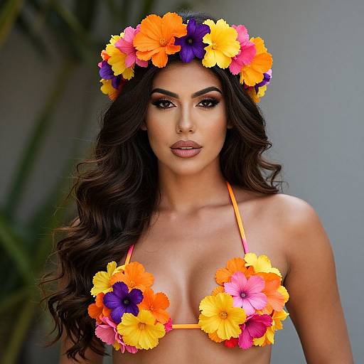 Photograph of a beautiful woman with long, wavy dark hair, wearing a vibrant flower crown and matching orange-yellow-pink flower bikini top, against