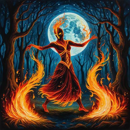 Dancing Fire Spirit in Moonlit Glade