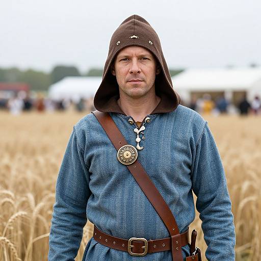 Photograph of a middle-aged white man in medieval attire, blue tunic, brown hood, leather belt, standing in a wheat field.