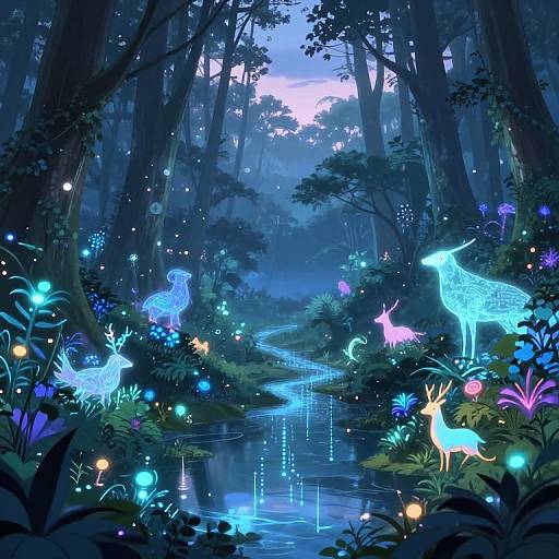 Digital Forest with Bioluminescent Flora and Holographic Wildlife