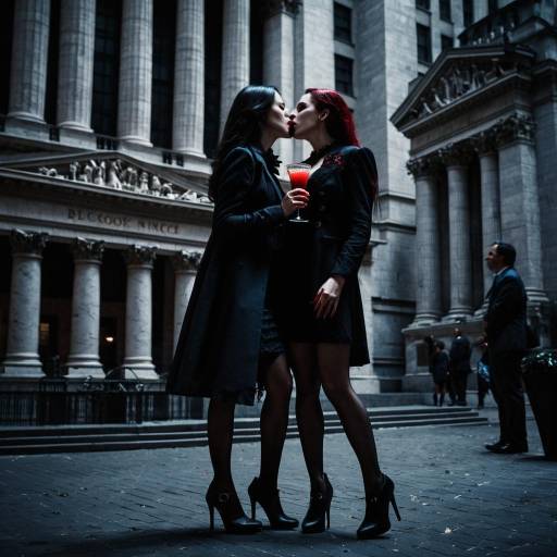 Two Women Vampires Kissing Outside Stock Exchange