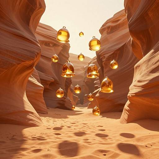 Photorealistic CGI of glowing amber orbs floating in a sunlit, red-orange desert canyon with smooth, curved rock walls.