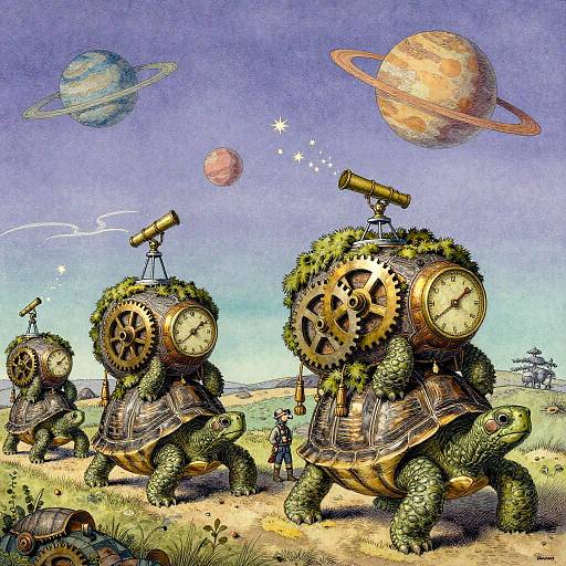 Clock-Faced Turtle Observatory Caravan Under Starlit Dusk