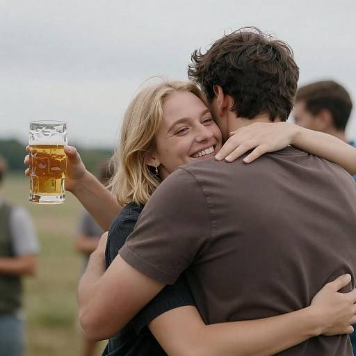 Joyful Outdoor Embrace with Beer Cheers