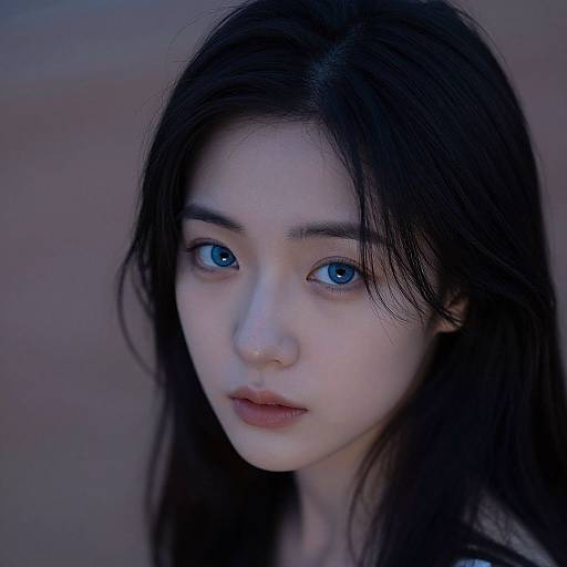 Photograph of an Asian woman with long black hair, striking blue eyes, pale skin, and subtle makeup, gazing intently into the camera against