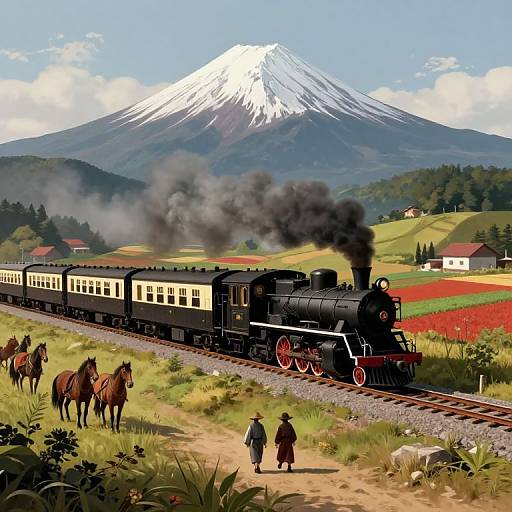 Medieval Steam Train in Japanese Countryside