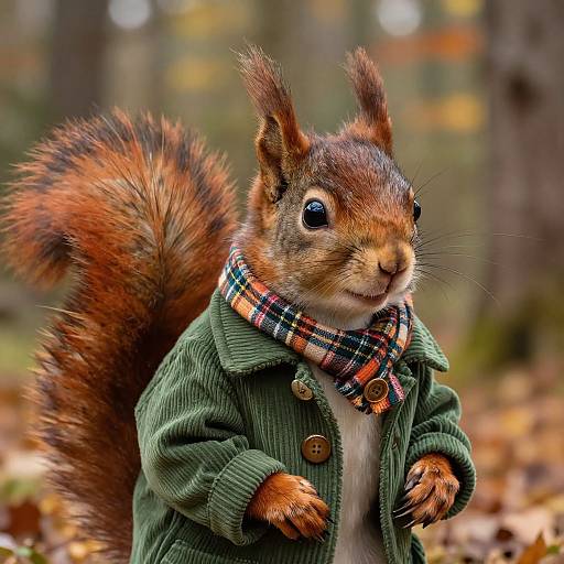 Photograph of a cute, anthropomorphized red squirrel wearing a green corduroy jacket and plaid scarf, standing in an autumn forest.