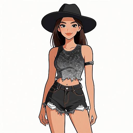 Digital illustration of a smiling Asian woman with long black hair, wearing a black wide-brimmed hat, gray crop top, and high-waisted