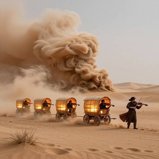 Photograph of a desert scene: Silhouetted man with rifle standing beside a line of glowing, smoke-filled, covered wagons, massive smoke