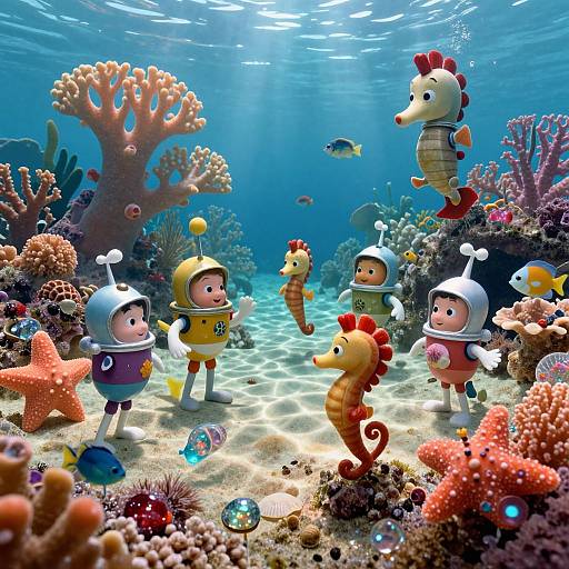 Photorealistic CGI of colorful underwater scene with cartoon children in space helmets, surrounded by seahorses, starfish, coral, and fish.