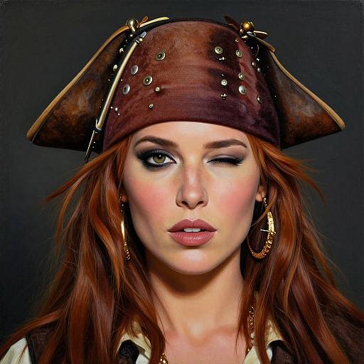 Photograph of a fair-skinned woman with red hair, wearing a brown pirate hat adorned with gold studs, winking, and sporting gold hoop earrings