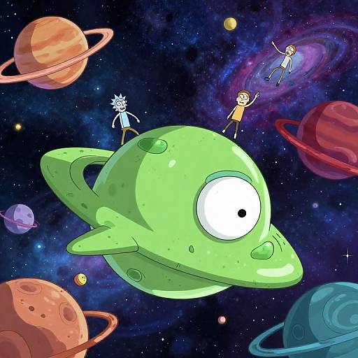 Cartoon-style drawing of a green alien spaceship with wide eyes, carrying two stick-figure children, floating in colorful, starry space with various planets.