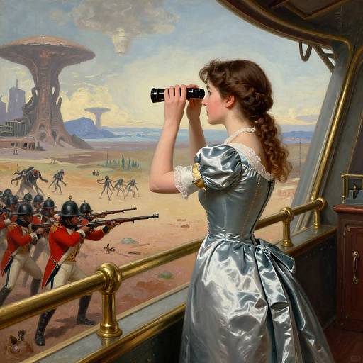 Painting of a woman in a silver satin dress with white lace, viewing a battle between soldiers in red coats and black helmets through a window. Fut