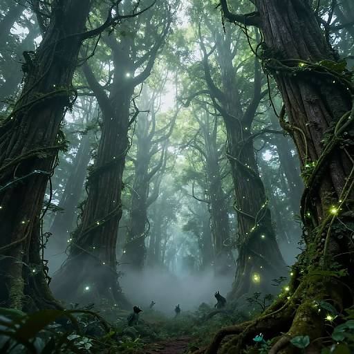 Digital fantasy artwork of a dense, misty forest with towering, moss-covered trees, glowing fireflies, and small, silhouetted figures walking