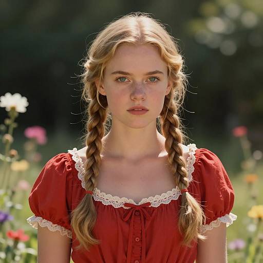 Young Woman in Red Dress with Braided Blonde Hair